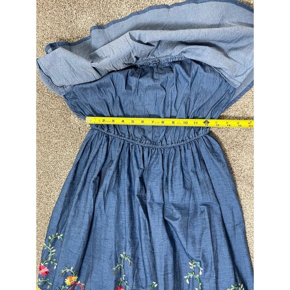 Demin Embroidered Elastic Waist and Straps Floral Indie Boho Dress Women's M/L - Picture 11 of 12